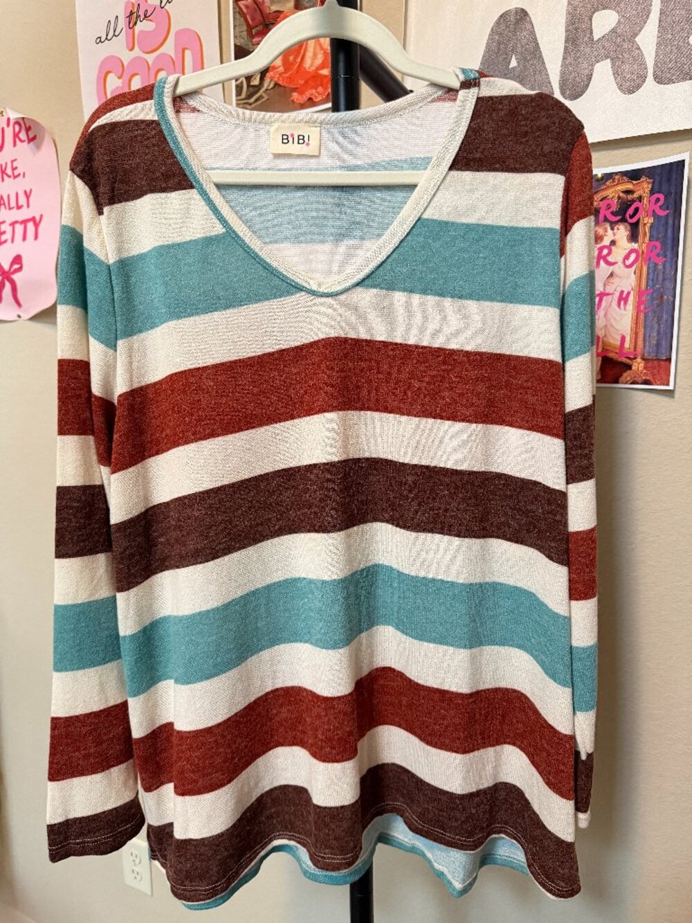 BiBi Retro Multi Stripe V-Neck Lightweight Knit Sweater Plus 1X NWOT